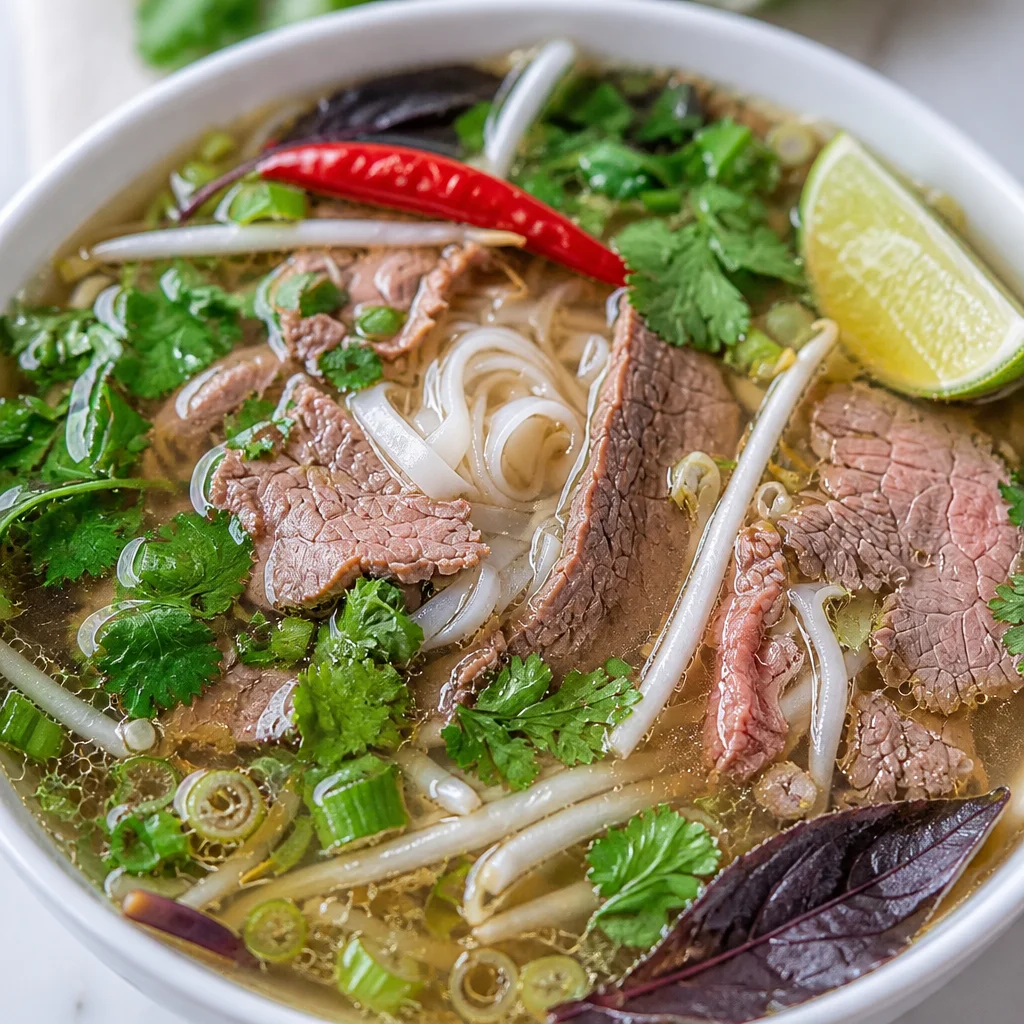 Bowl of Easy Beef Pho, featuring broth, rice noodles, and fresh toppings like basil and bean sprouts.