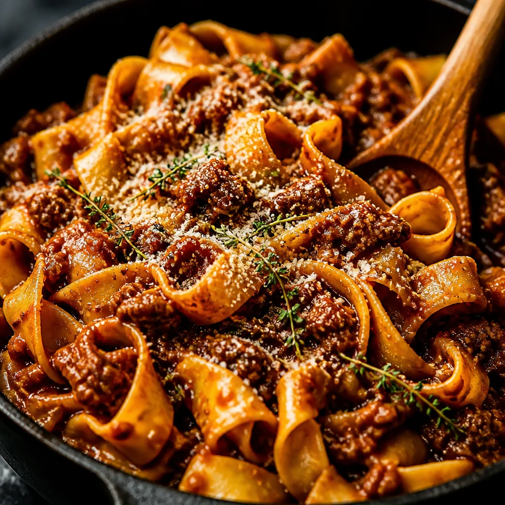 Delicious Easy Beef Ragu sauce served over pappardelle pasta, slow cooked to perfection.