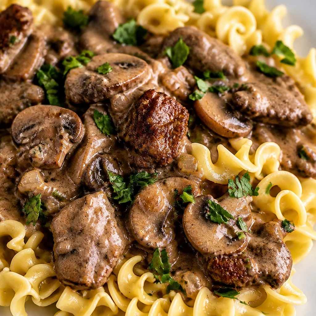 Easy Beef Stroganoff with creamy mushroom noodles plated and garnished.