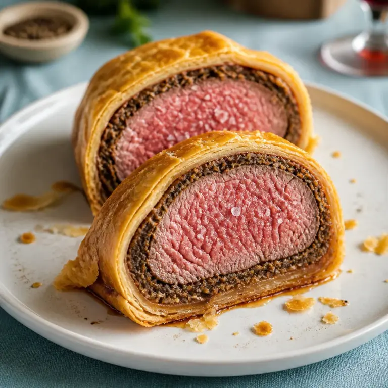 Delicious Easy Beef Wellington with tender beef, mushroom duxelles, and flaky puff pastry.