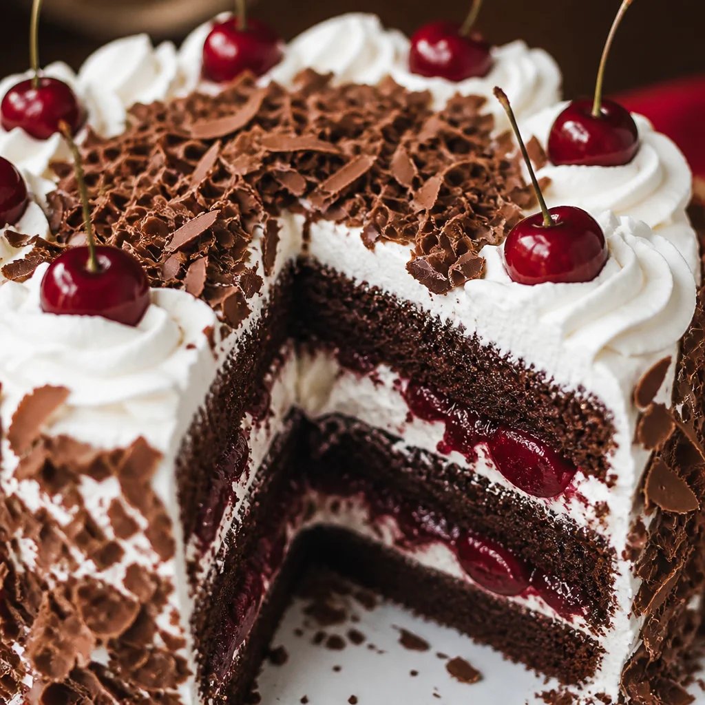 Slice of Easy Black Forest Cake with chocolate layers, cherries, and whipped cream