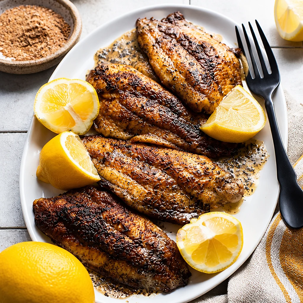 Delicious Easy Blackened Catfish cooked in a cast-iron skillet with Cajun spices.