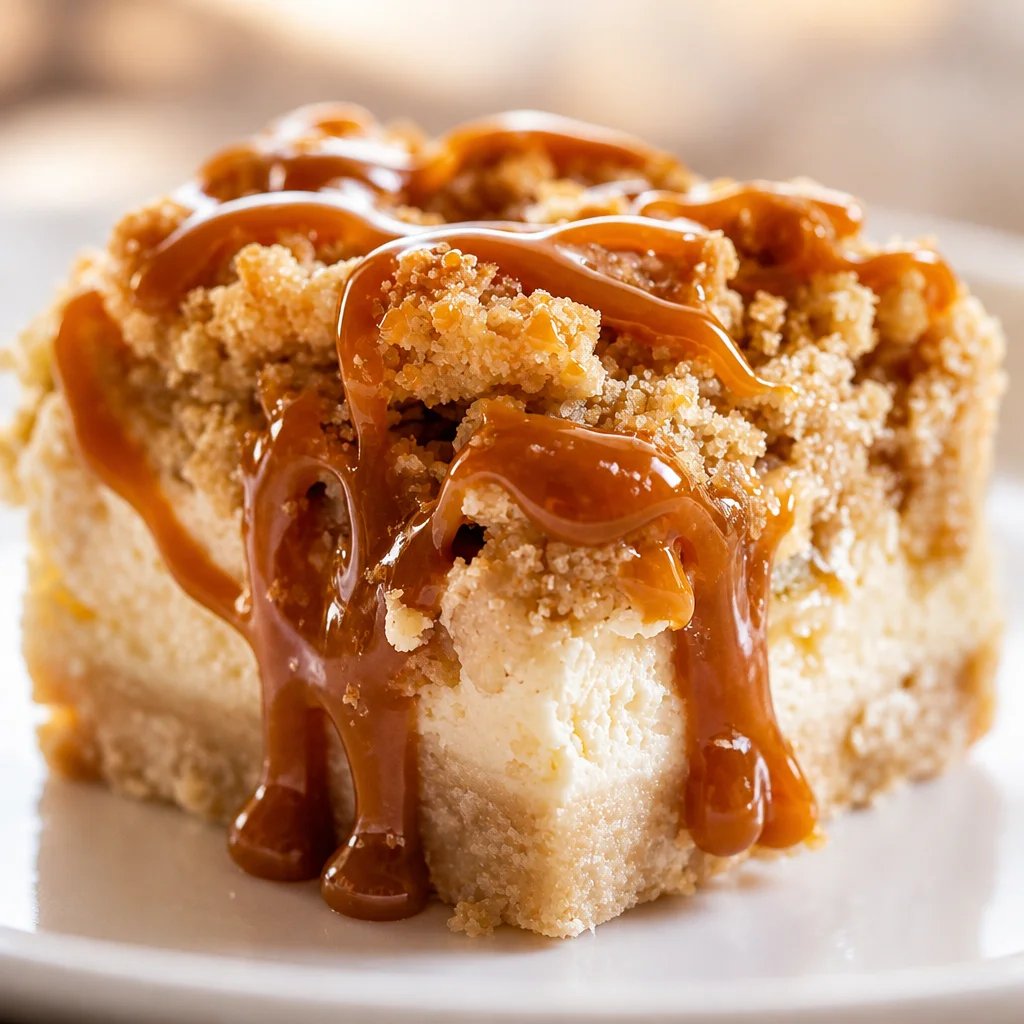 Delicious Easy Caramel Apple Cheesecake Bars topped with caramel sauce and cinnamon apples.