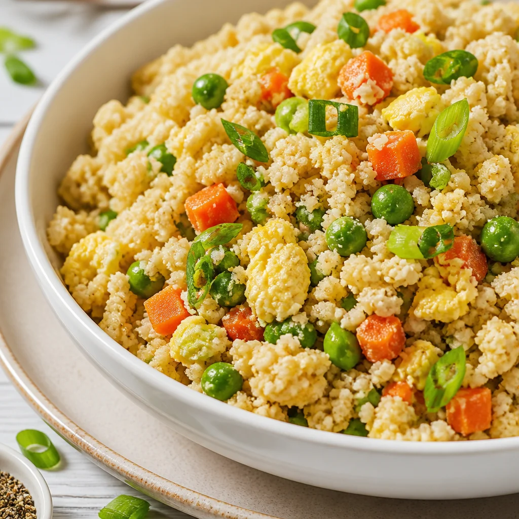 Bowl of easy low carb Cauliflower Fried Rice with vegetables and garnish.
