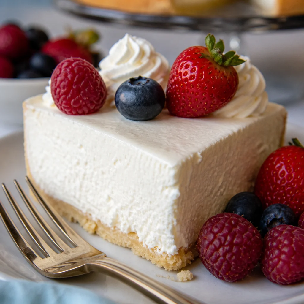 Delicious Easy Cheesecake with No Bake Almond Crust topped with fresh berries.