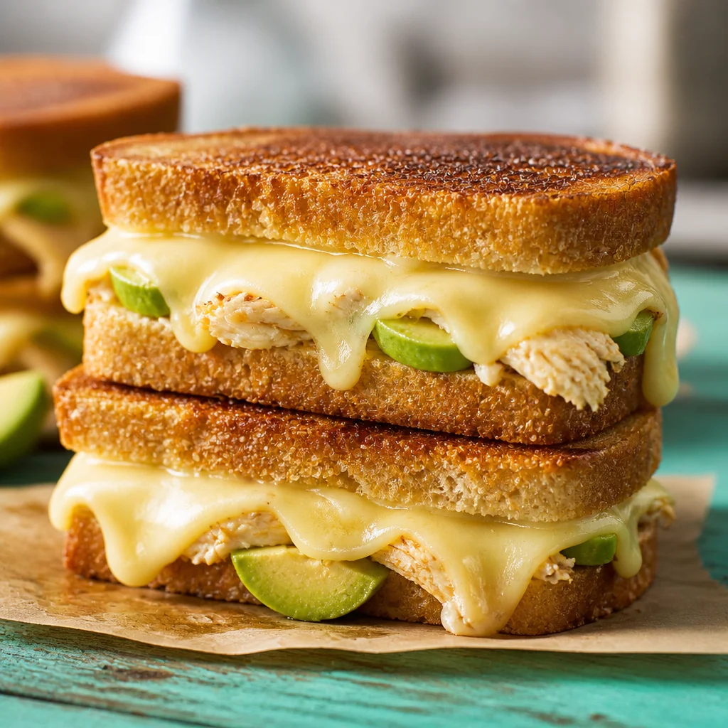 Easy Chicken Avocado Melt - Grilled Cheese Sandwich with chicken and avocado.