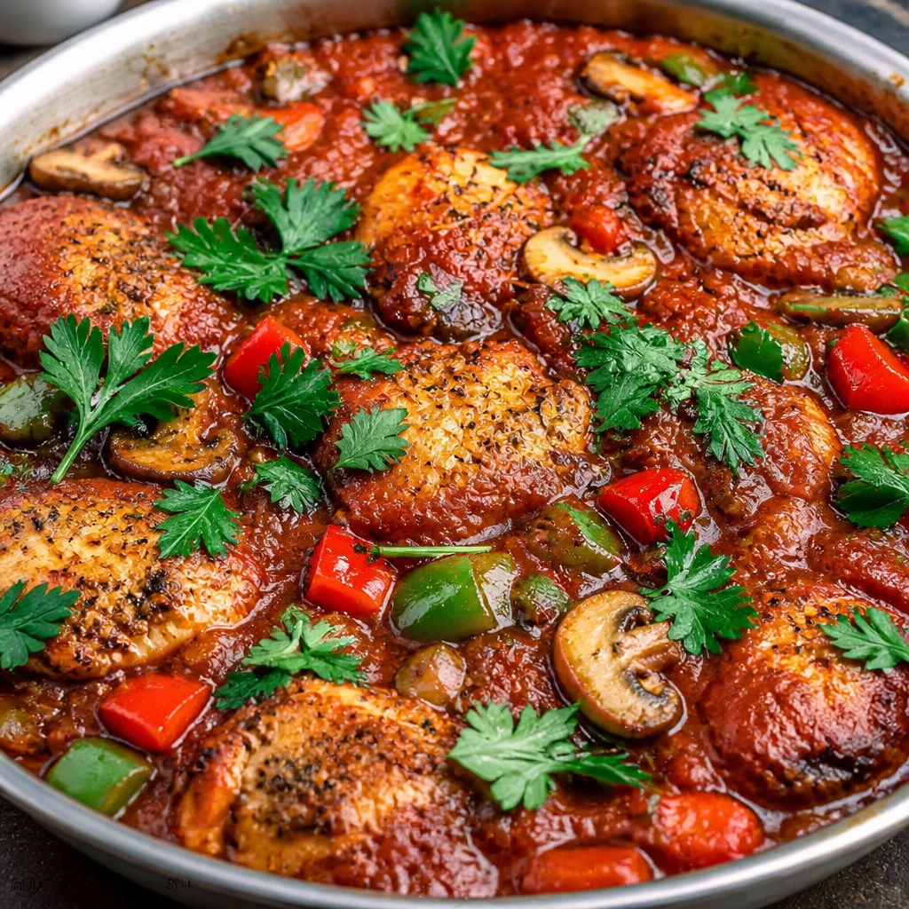 Bowl of Easy Chicken Cacciatore, a rustic Italian hunter stew with chicken and tomatoes.