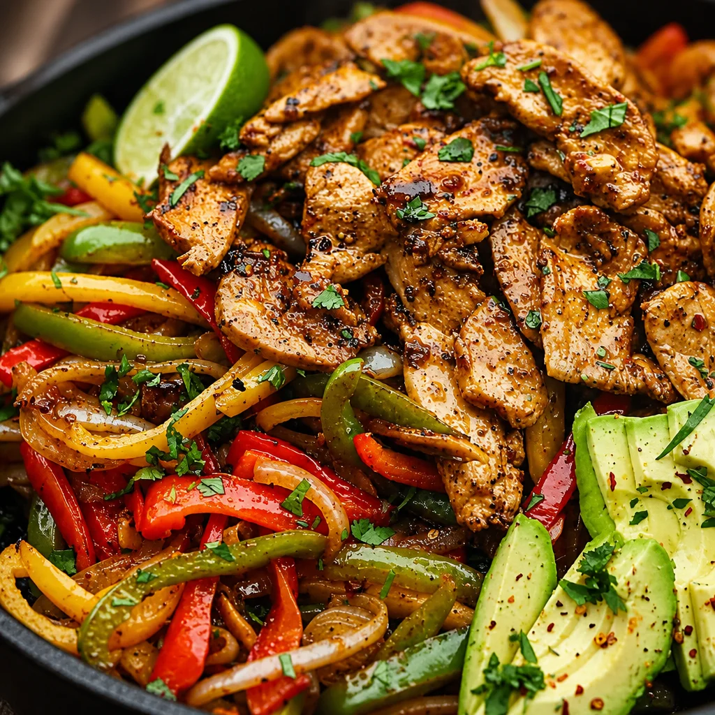 Sizzling skillet chicken fajitas with peppers and onions ready to serve.