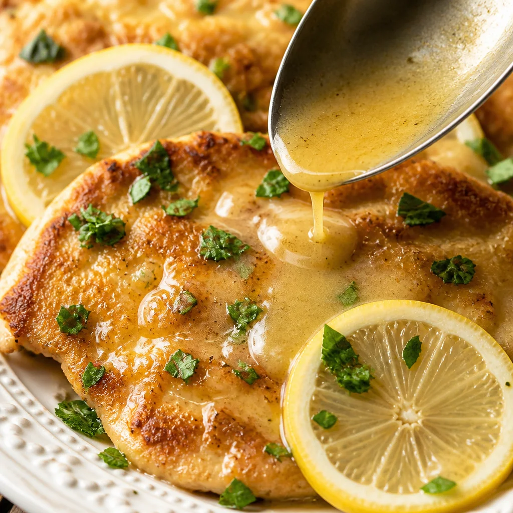 Easy Chicken Francese with lemon-butter sauce served on a plate.