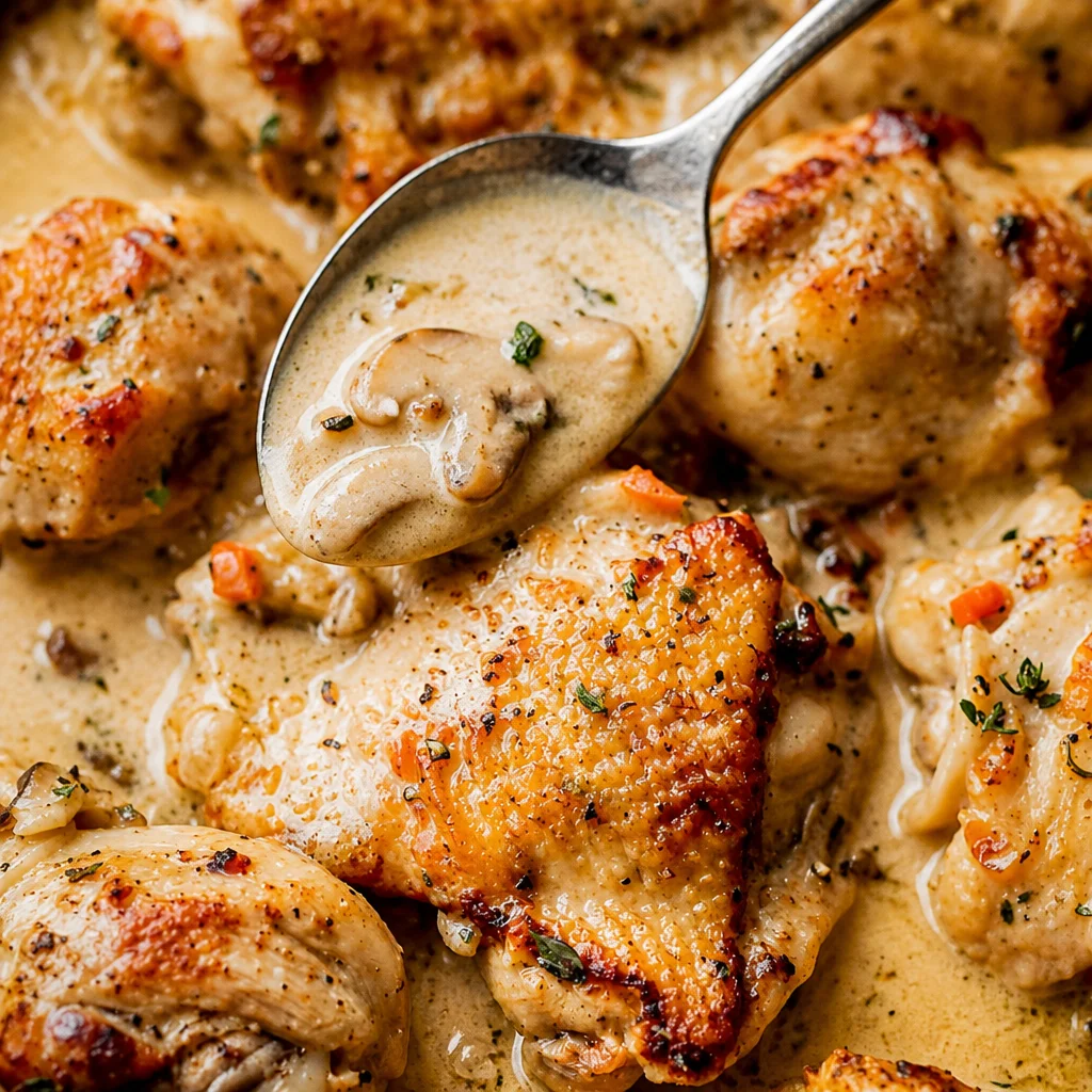 Delicious Easy Chicken Fricassee, a creamy French stew with tender chicken and mushrooms.