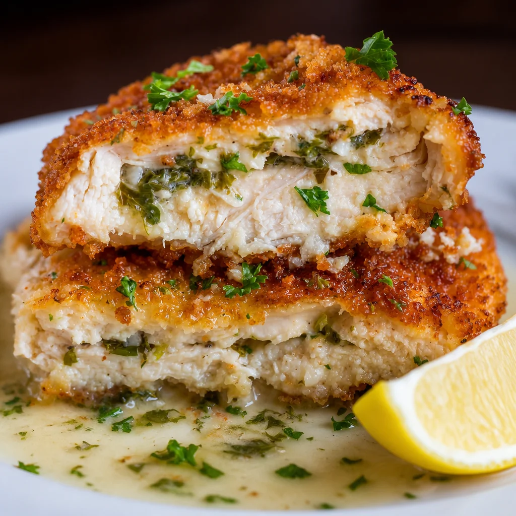 Crispy Easy Chicken Kiev stuffed with garlic butter, plated and garnished.