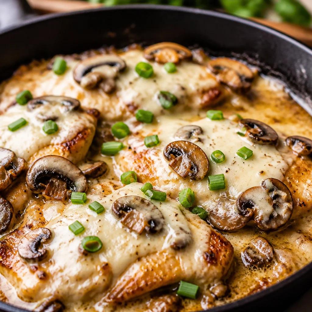 Easy Chicken Lombardy — Mushroom Marsala Cheese Bake with mushrooms and mozzarella.