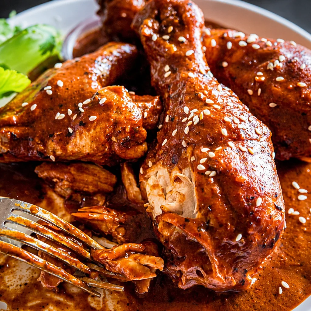 Delicious Easy Chicken Mole with chocolate and chili sauce served plated