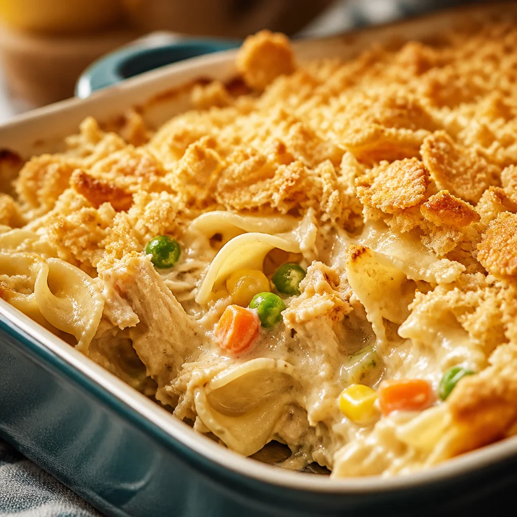 Creamy Easy Chicken Noodle Casserole with egg noodles, chicken, and vegetables