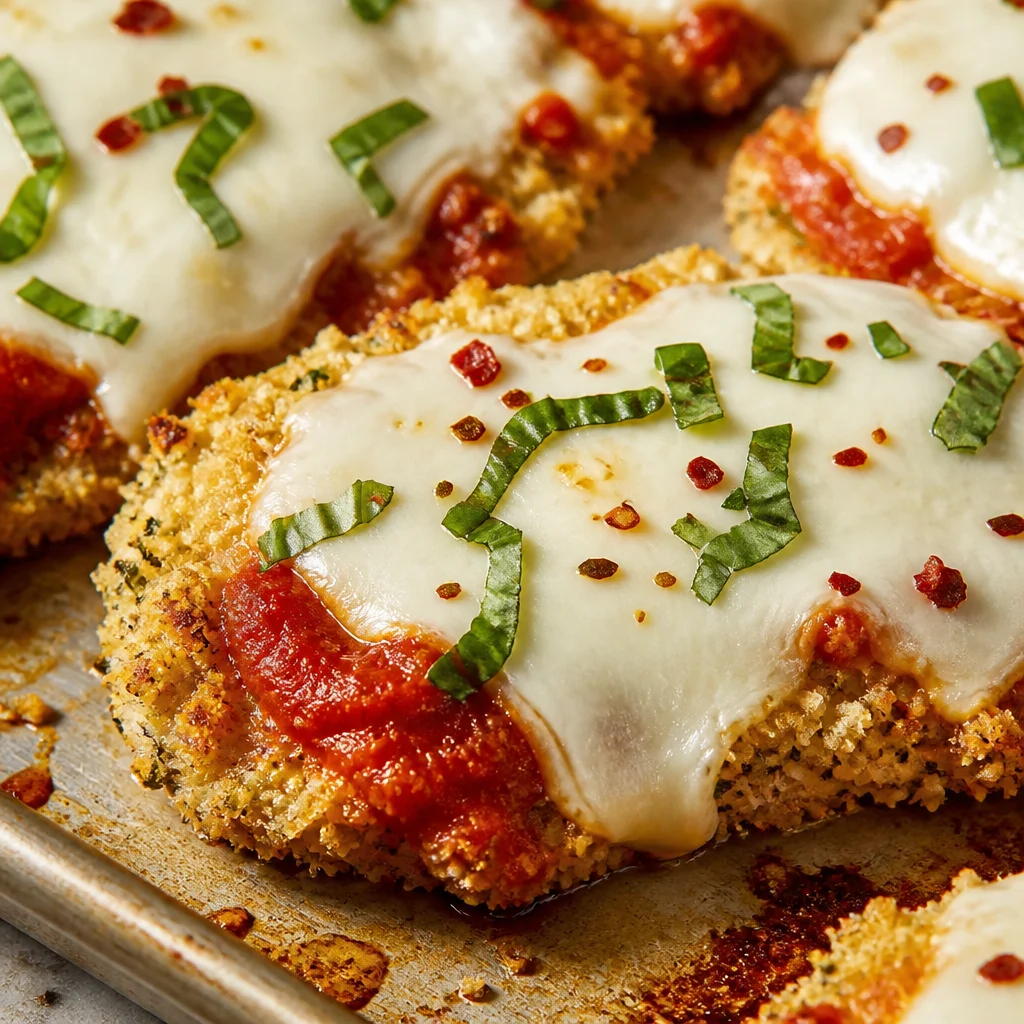 Easy Chicken Parmigiana baked with crispy coating and rich tomato sauce.