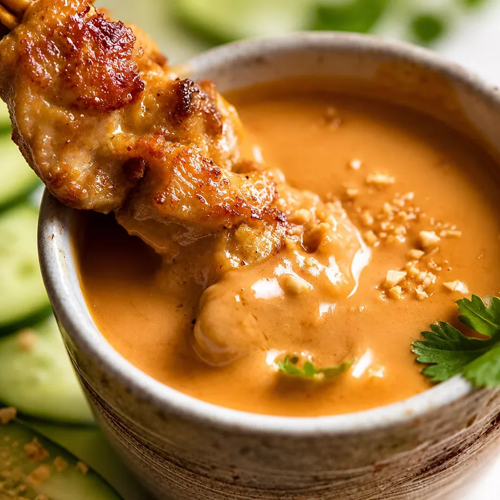 Easy Chicken Satay with Thai Peanut Sauce skewers ready to serve.
