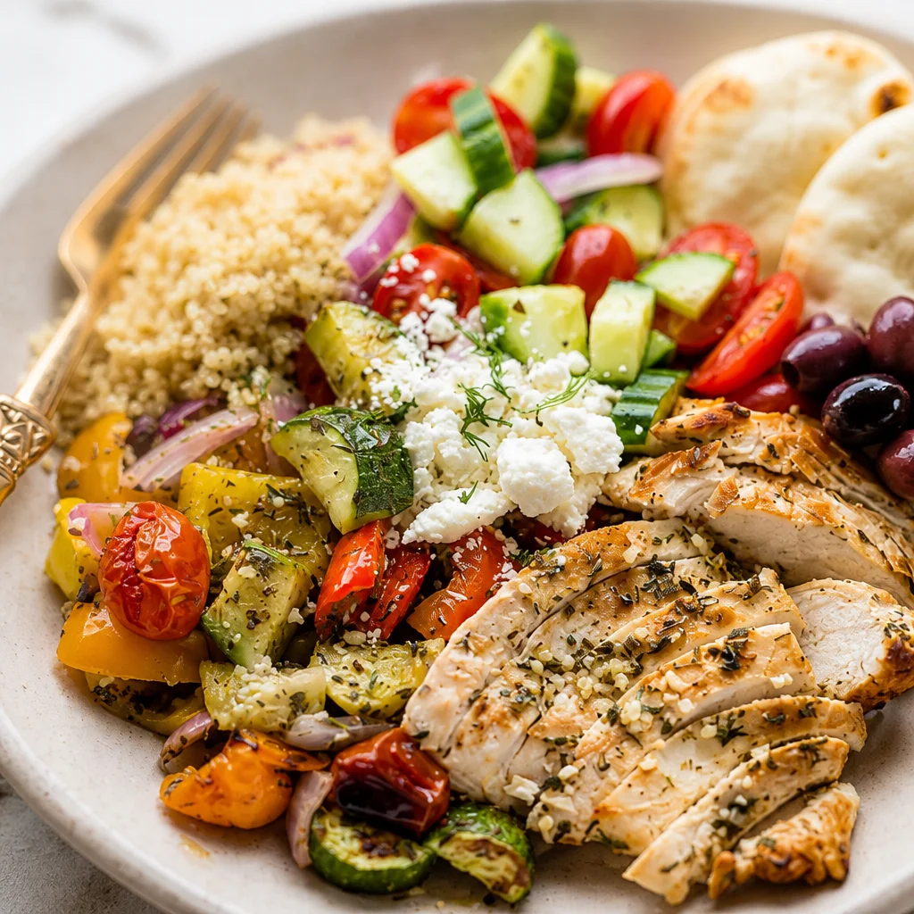 Easy Chicken Souvlaki Rice Bowl with grilled chicken, veggies, tzatziki, and lemon rice.
