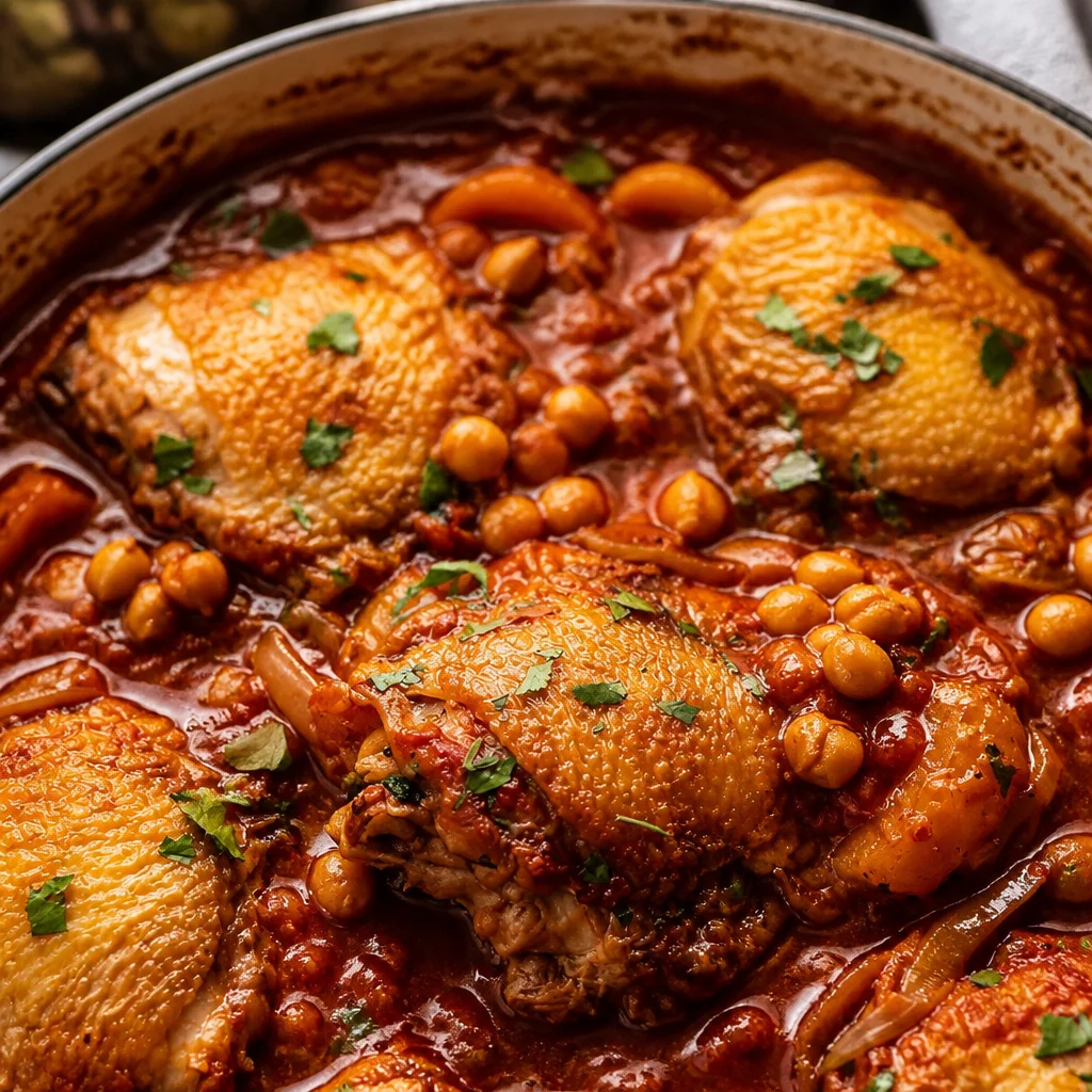 Easy Chicken Tagine — Moroccan Slow Cooked with chickpeas and apricots in a crock pot.