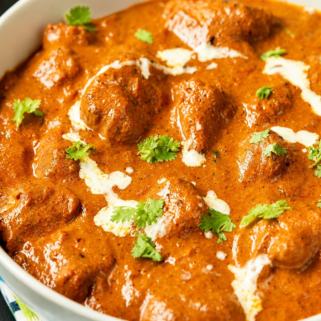 Delicious Easy Chicken Tikka Masala served with rice and garnished with cilantro.