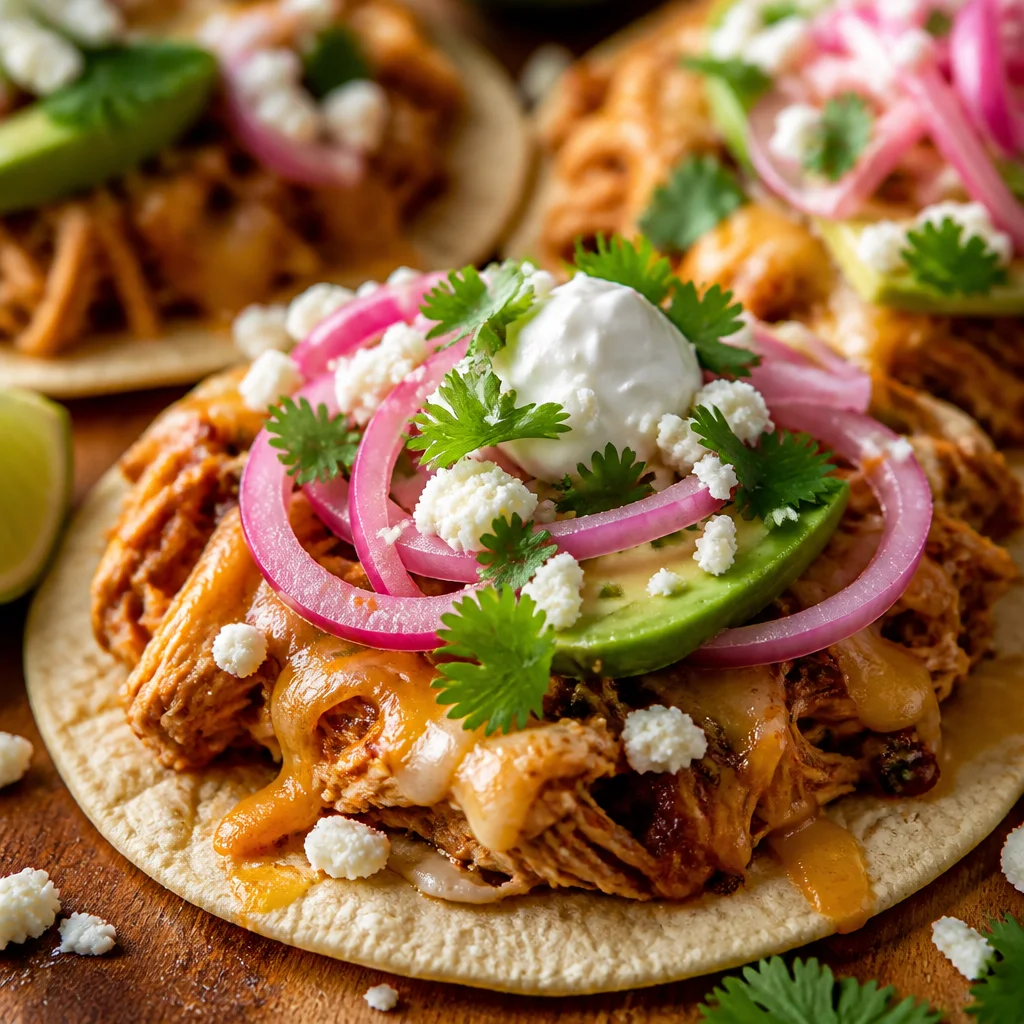 Easy Chicken Tostadas topped with shredded chicken, cheese, and fresh vegetables.