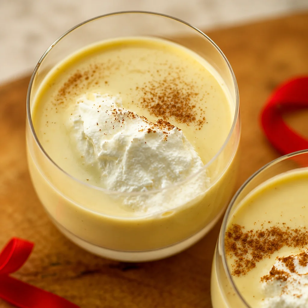 Homemade creamy eggnog with a sprinkle of nutmeg served in a festive glass.