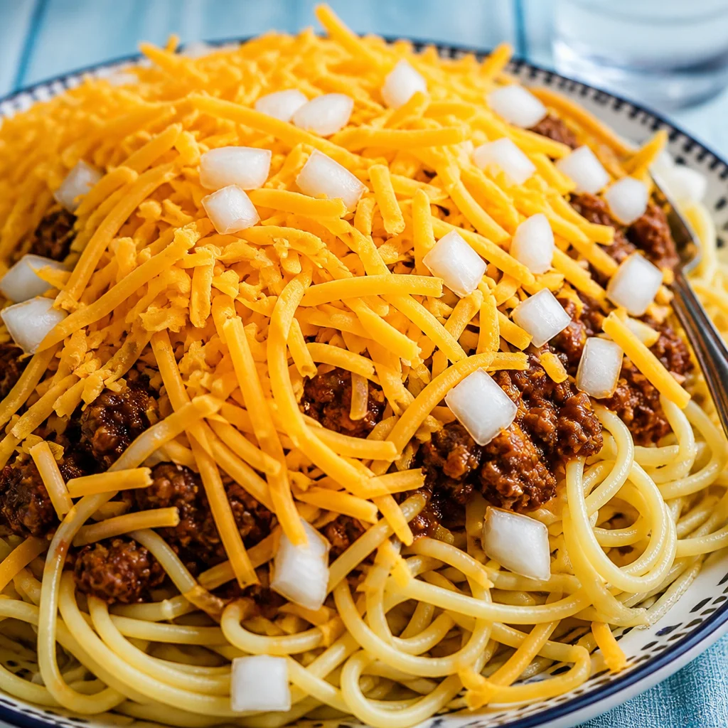 Delicious bowl of easy Cincinnati Chili — Greek Style 5 Way, served over spaghetti.