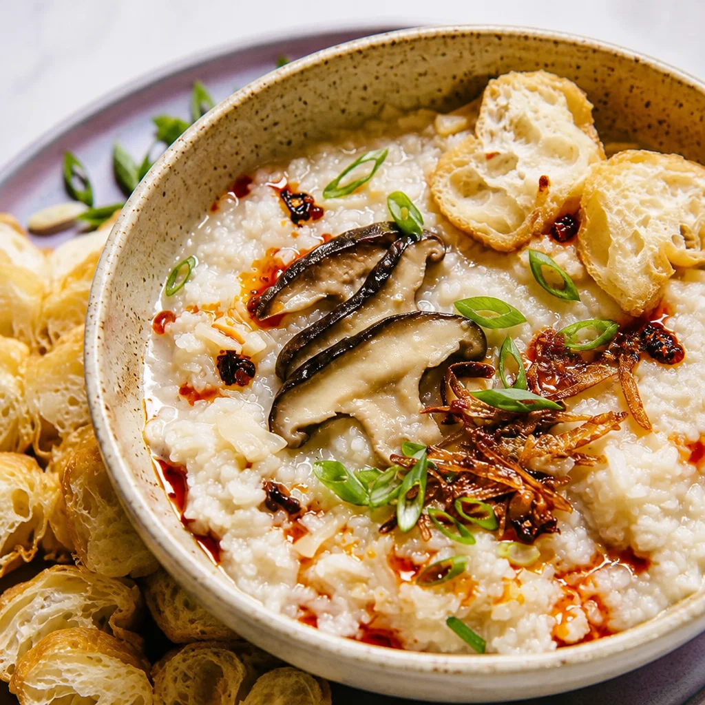 Bowl of Easy Congee - comforting Chinese rice porridge with toppings.