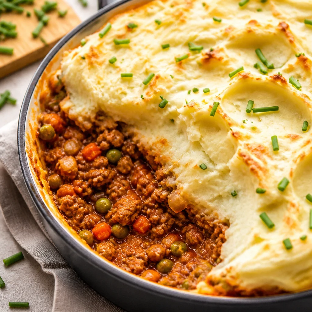Easy Cottage Pie with ground beef and fluffy mashed potatoes in a casserole dish.