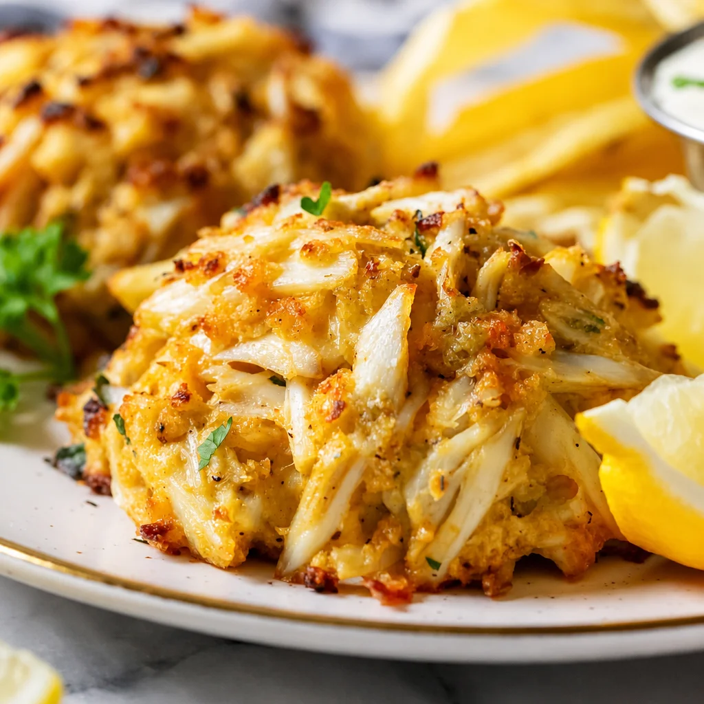 Plate of easy Maryland style crab cakes made with Old Bay seasoning and fresh crab meat.