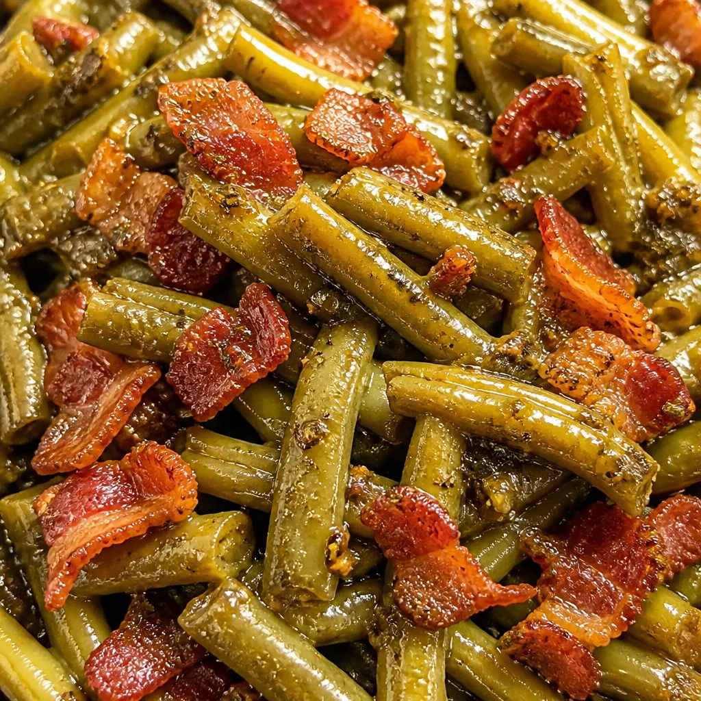 Easy Crack Green Beans topped with brown sugar and crispy bacon in a skillet.
