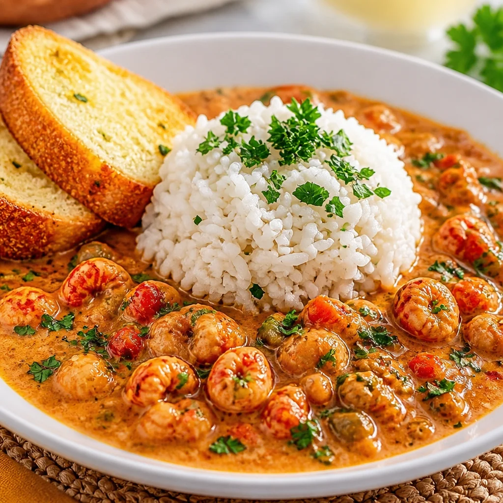 Bowl of Easy Crawfish Etouffee served over rice, showcasing tender crawfish in creamy sauce.
