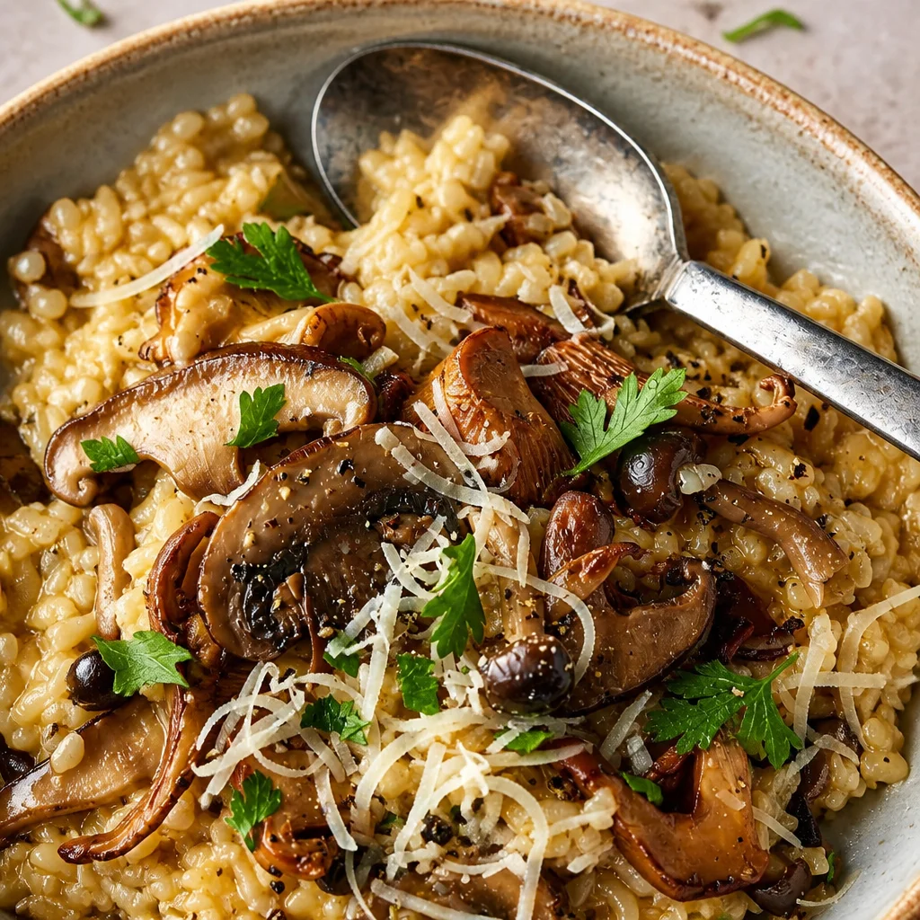 Bowl of Easy Creamy Mushroom Risotto topped with garlic butter mushrooms and Parmesan cheese.