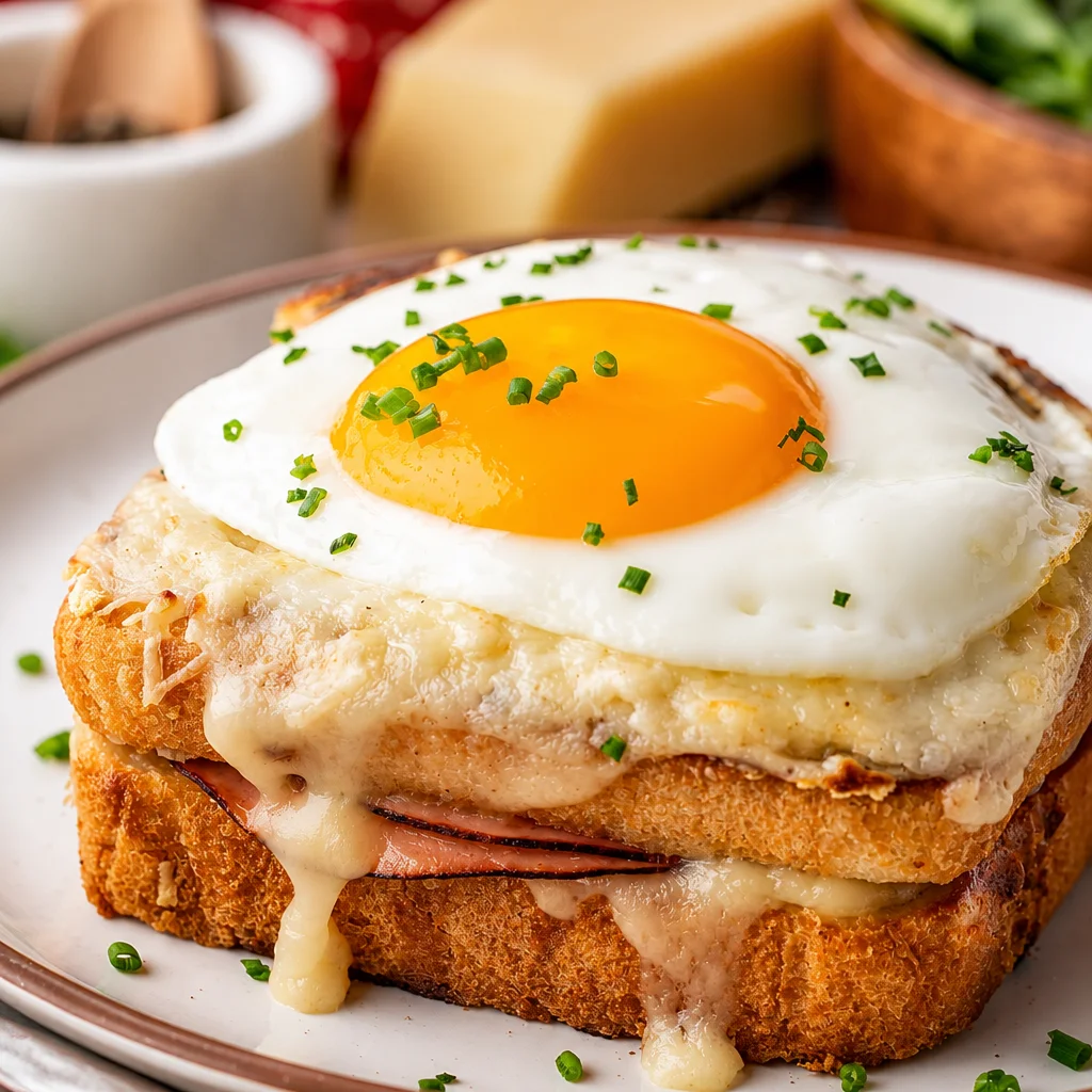 Easy Croque Madame sandwich with ham, cheese, béchamel sauce, and fried egg.
