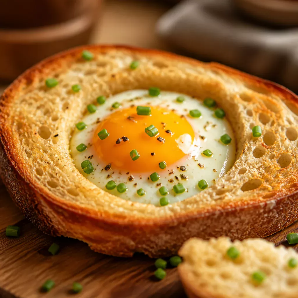 Easy Egg in a Hole on buttery toast with a perfectly cooked egg in the center.