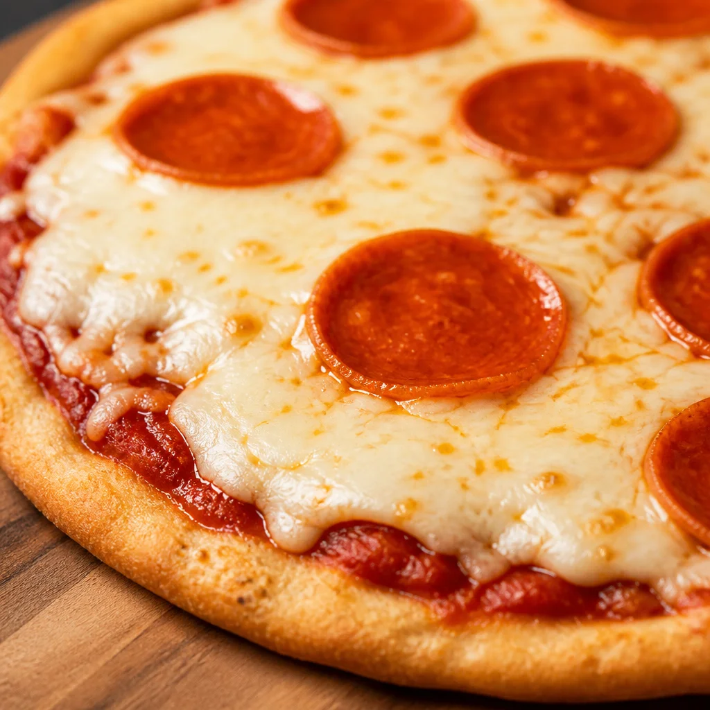 Easy Fathead Pizza with Almond Flour Crust topped with cheese and pepperoni
