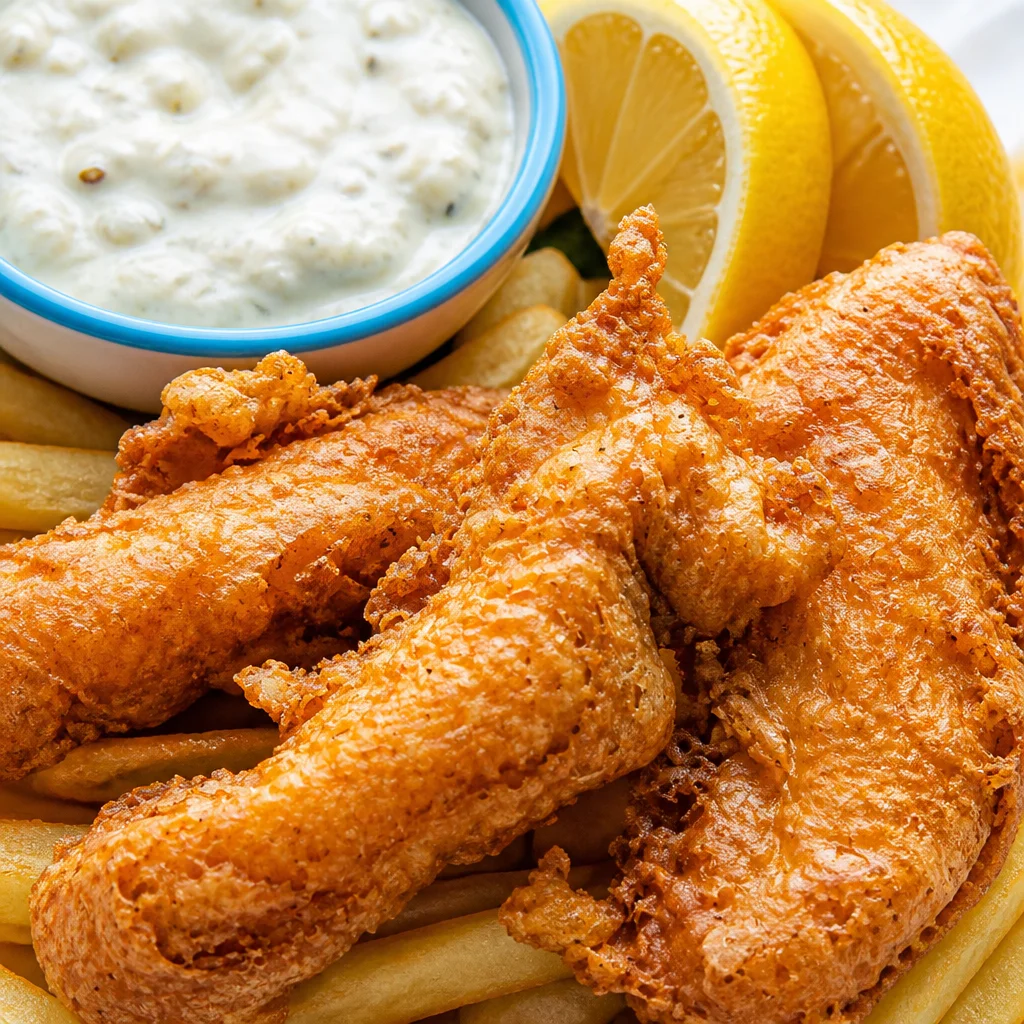 Easy Fish and Chips - Beer Battered Crispy Oven Recipe served with fries