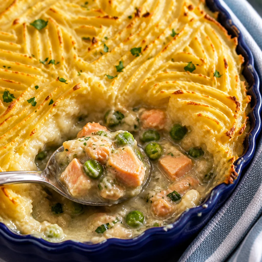 Delicious easy fish pie topped with golden mashed potatoes, a classic British casserole.