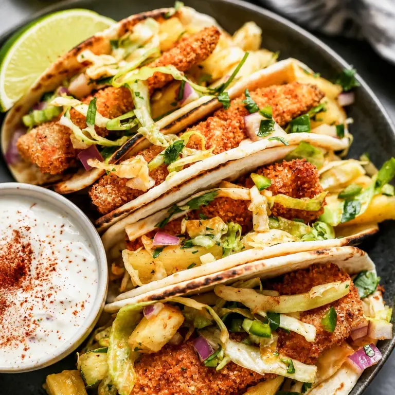 Crispy battered fish tacos with fresh slaw served in warm corn tortillas.