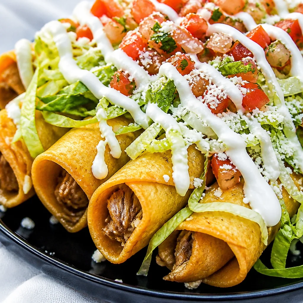 Crispy rolled chicken tacos filled with seasoned chicken and cheese, garnished with toppings.