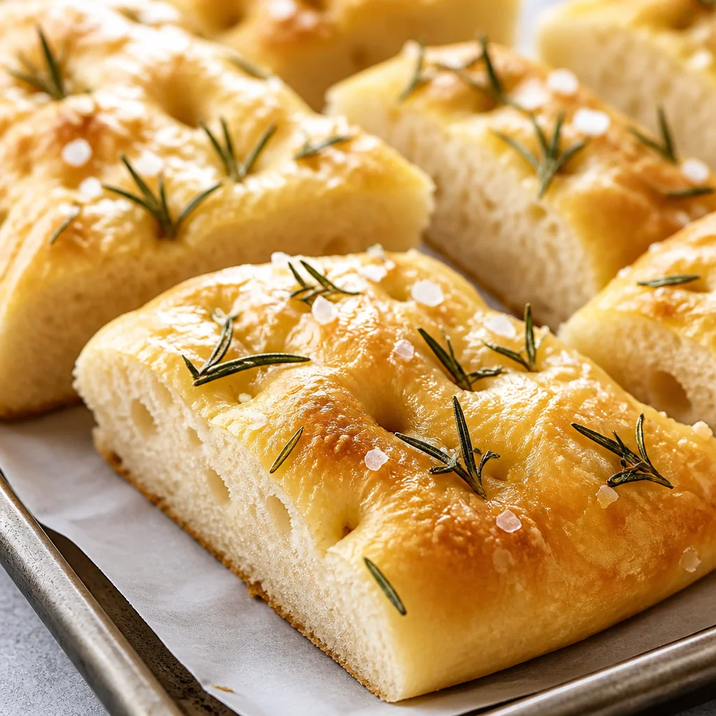 Easy Focaccia Bread topped with rosemary and olive oil, fresh out of the oven.