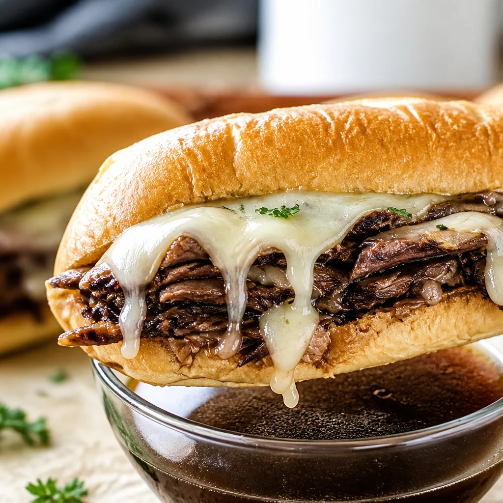 Easy French Dip Sandwich with tender slow-cooked beef and melted cheese on crusty rolls.
