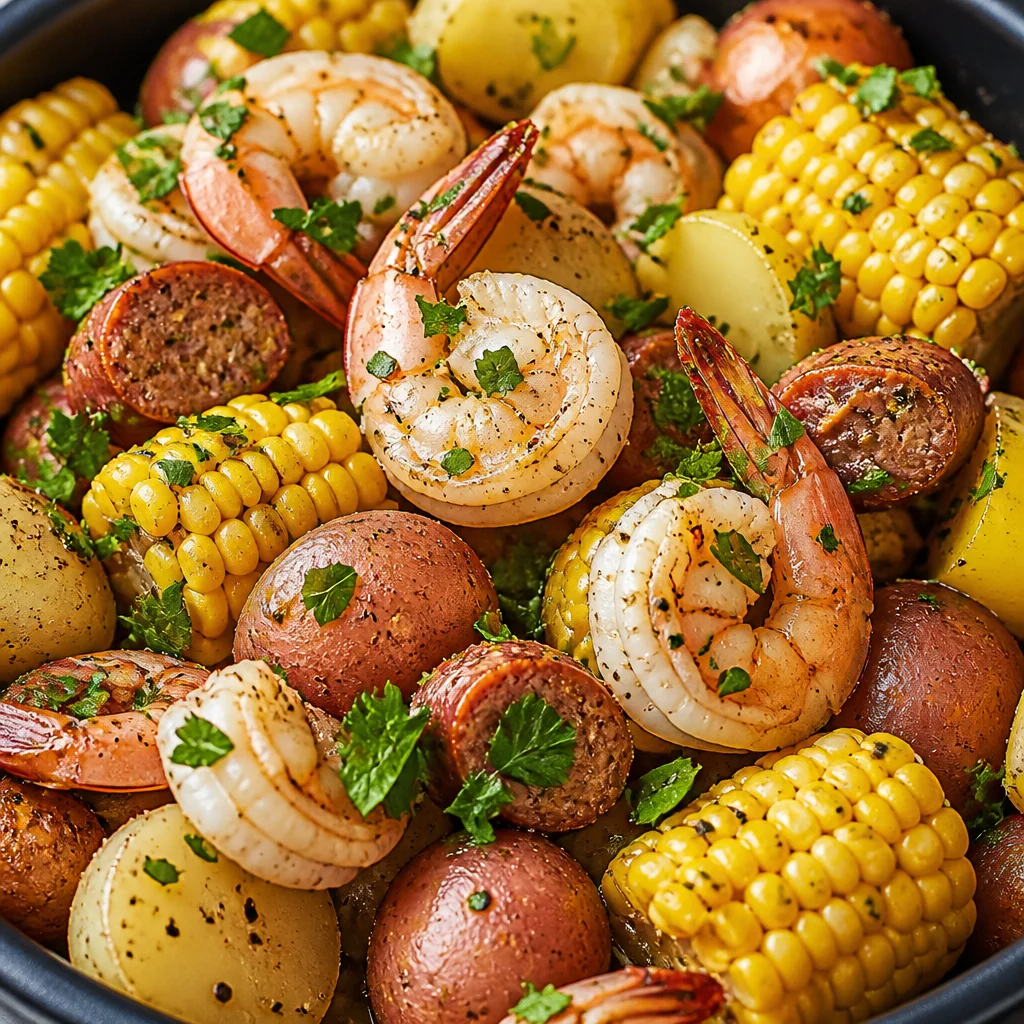Bowl of Easy Frogmore Stew featuring shrimp, potatoes, corn, and seasoning.
