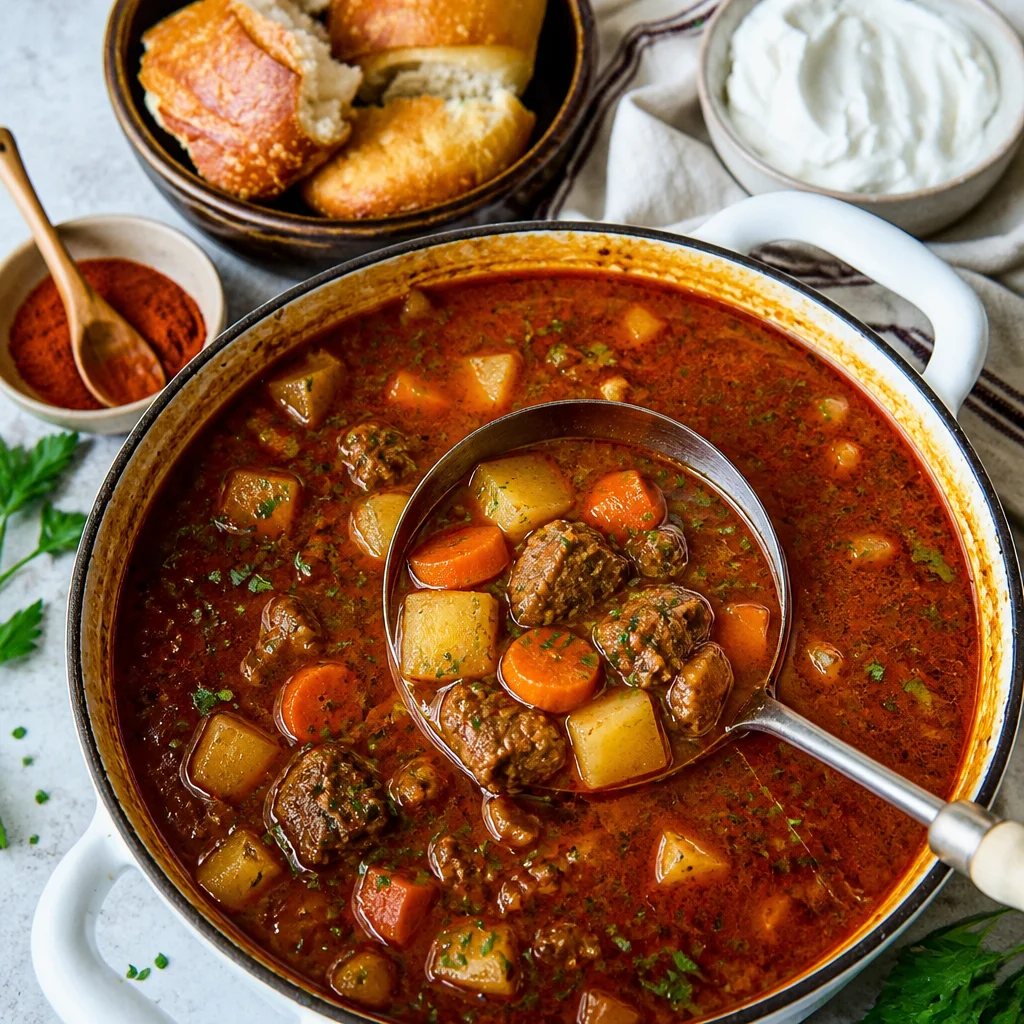 Bowl of Easy Goulash Soup featuring tender beef, colorful vegetables, and paprika.