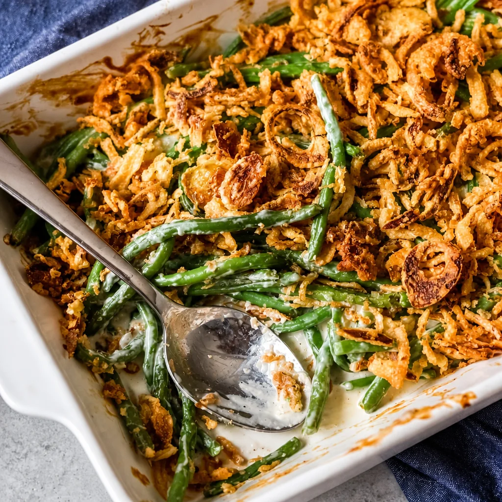 Homemade Easy Green Bean Casserole with fresh green beans and French-fried onions.