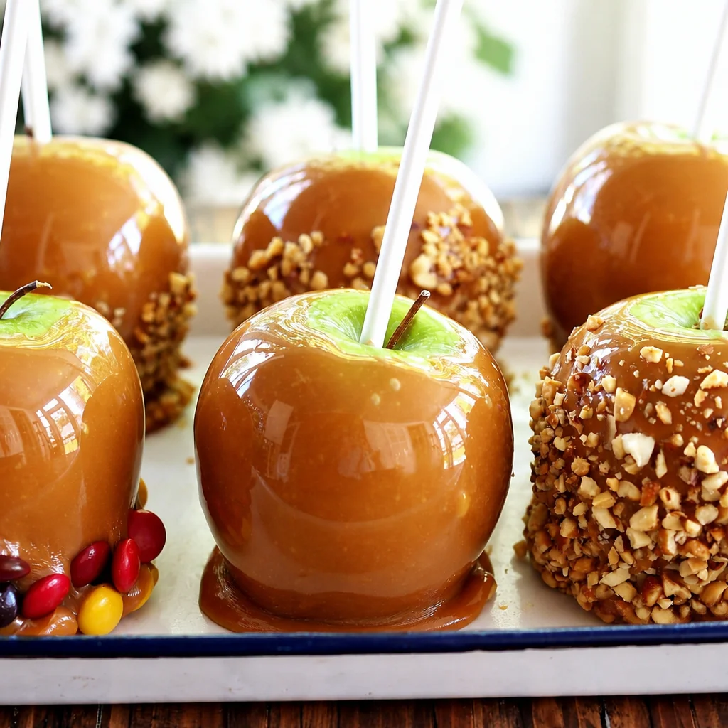 Classic dipped Halloween caramel apples topped with festive sprinkles for a spooky treat.