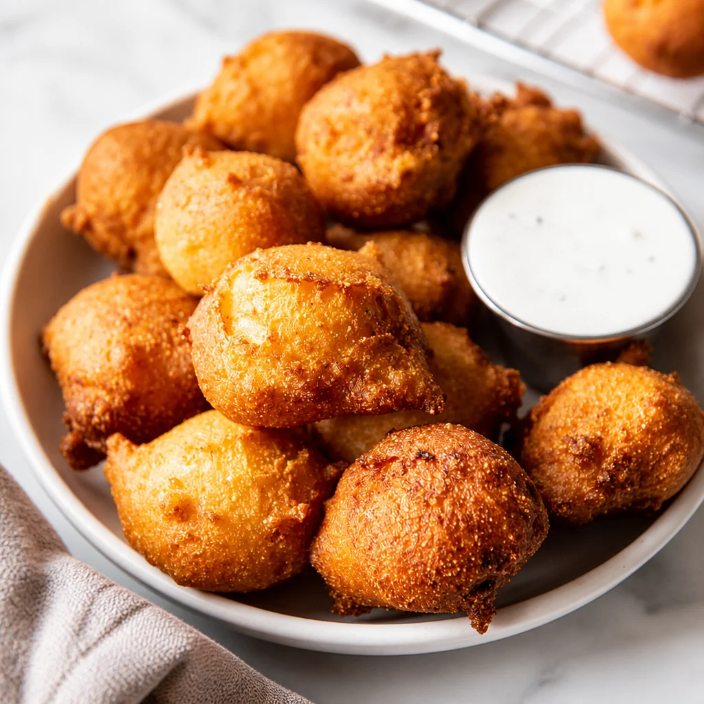 Delicious golden brown Easy Hush Puppies made from crispy Southern cornmeal batter.