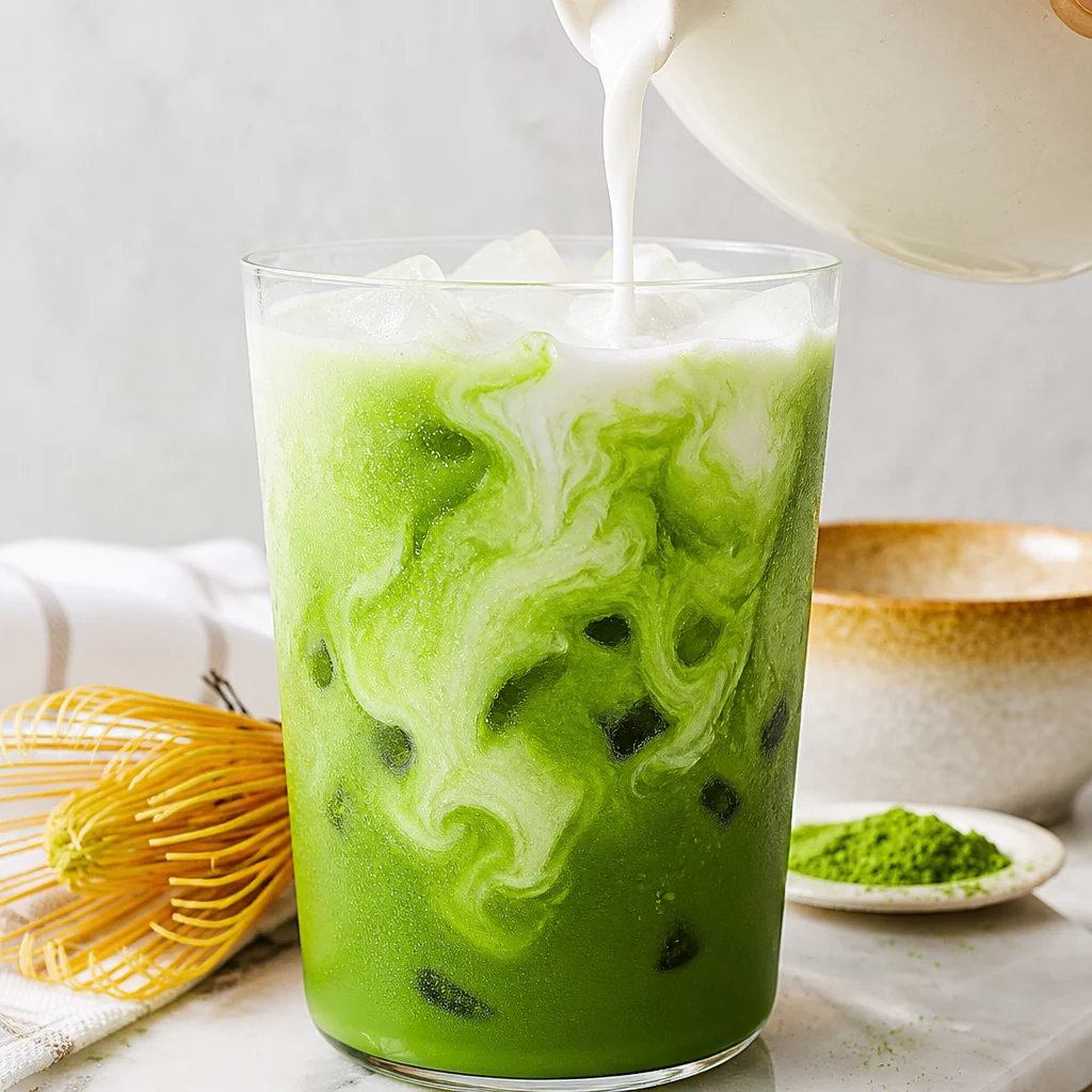 Homemade Easy Iced Matcha Latte served over ice in a glass with a straw.