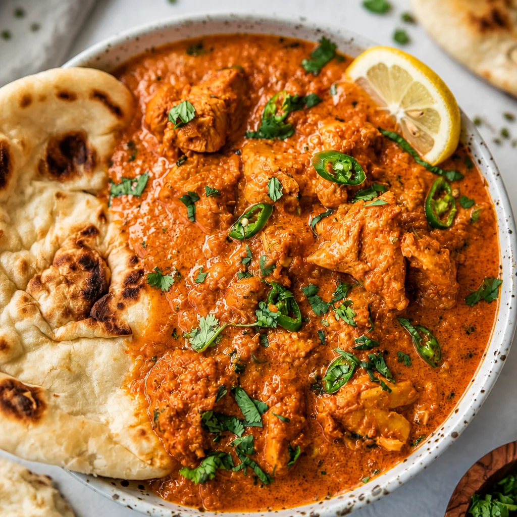 Bowls of Easy Instant Pot Butter Chicken with rice and naan, garnished with cilantro.