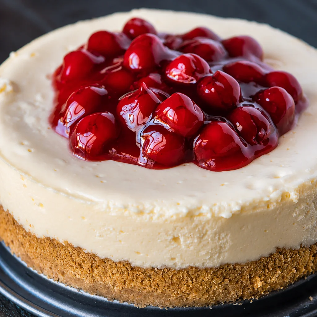 Delicious Easy Instant Pot Cheesecake topped with cherry pie filling