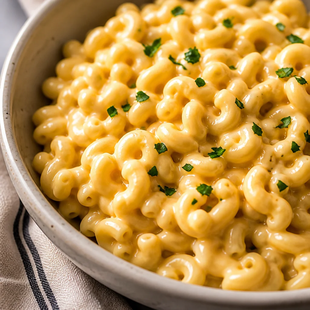 Bowl of Easy Instant Pot Mac and Cheese — Creamy Kids topped with cheese and herbs.